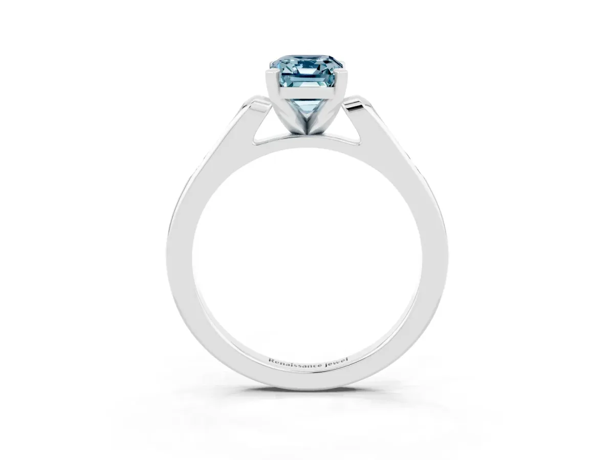Emerald Cut Aquamarine Solitaire Ring with Channel Set Round Band and Prong Setting Silver