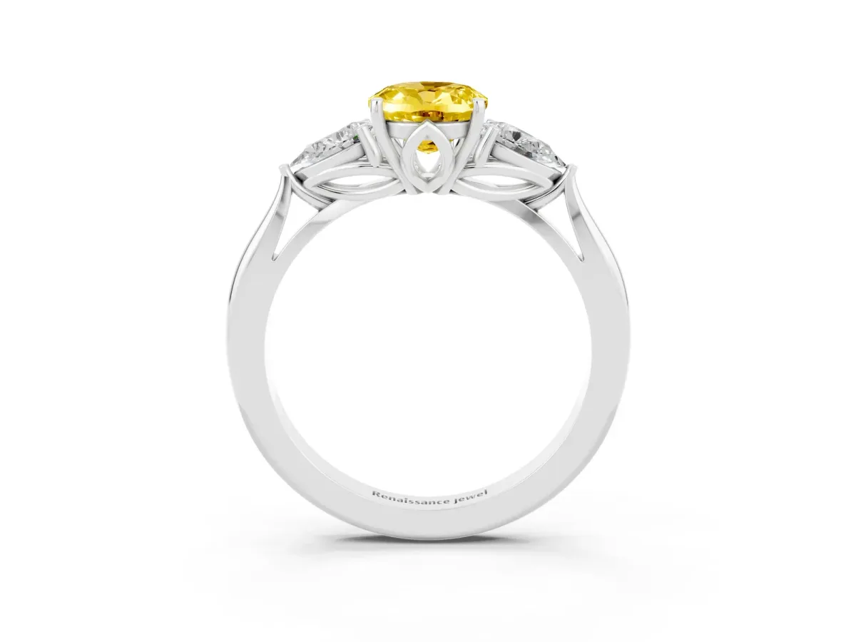 Three-Stone Oval Cut Yellow Sapphire Ring with Pear Side Stones in Four-Prong Setting White gold