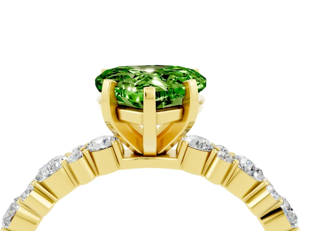 Heart Cut Peridot Side Stone Solitaire Ring with Round and Four-Prong Setting Yellow gold