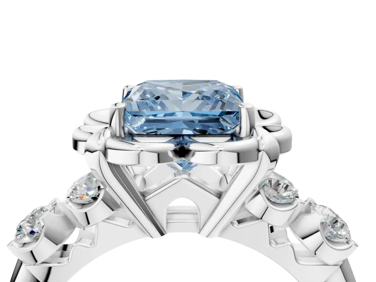 Fancy Blue Princess Cut Cut Diamond Floral Halo Engagement Ring with Shared Prong Setting Silver
