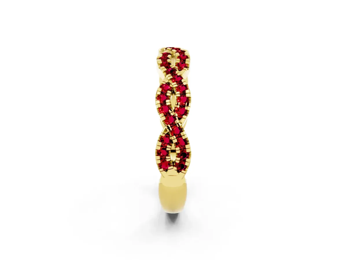 Round Ruby Twisted Eternity Band with Pavé and Shared Prong Setting Yellow gold