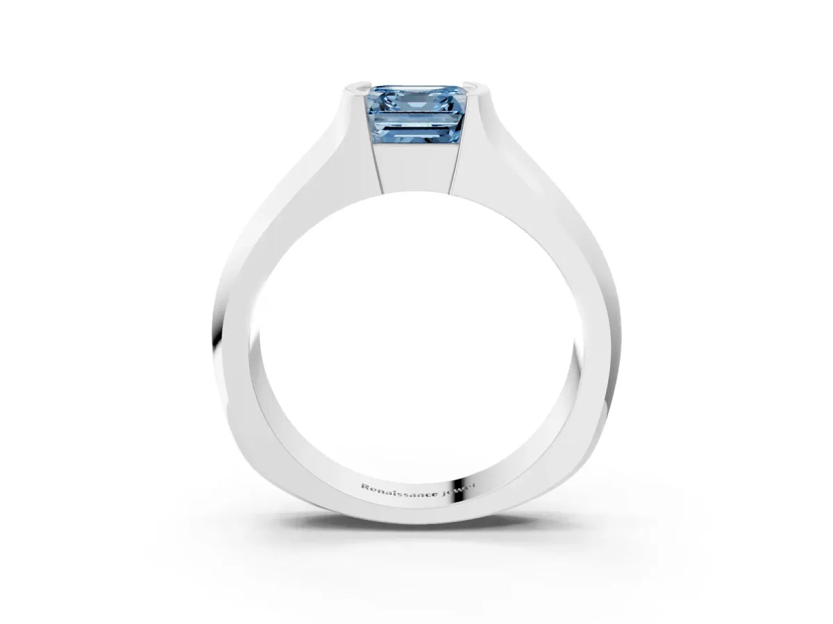 Fancy Blue Asscher Cut Solitaire Bezel Set Diamond Ring with Wide Band Platinum