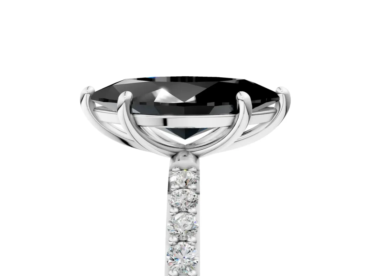 Fancy Black Marquise Cut Diamond Solitaire Ring with Round Pavé Band and Prong Setting Silver