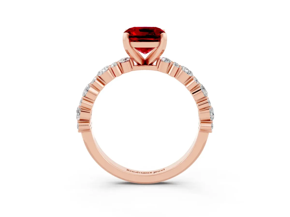 Cushion Cut Ruby Side Stone Solitaire Ring with Round and Four-Prong Setting Rose gold