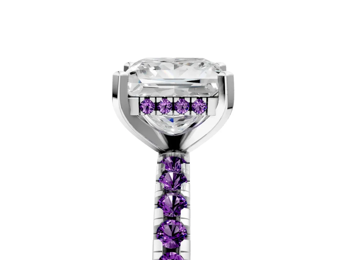 Princess Cut Diamond Solitaire Ring with Round Amethyst Pavé Band and Four-Prong Setting Silver