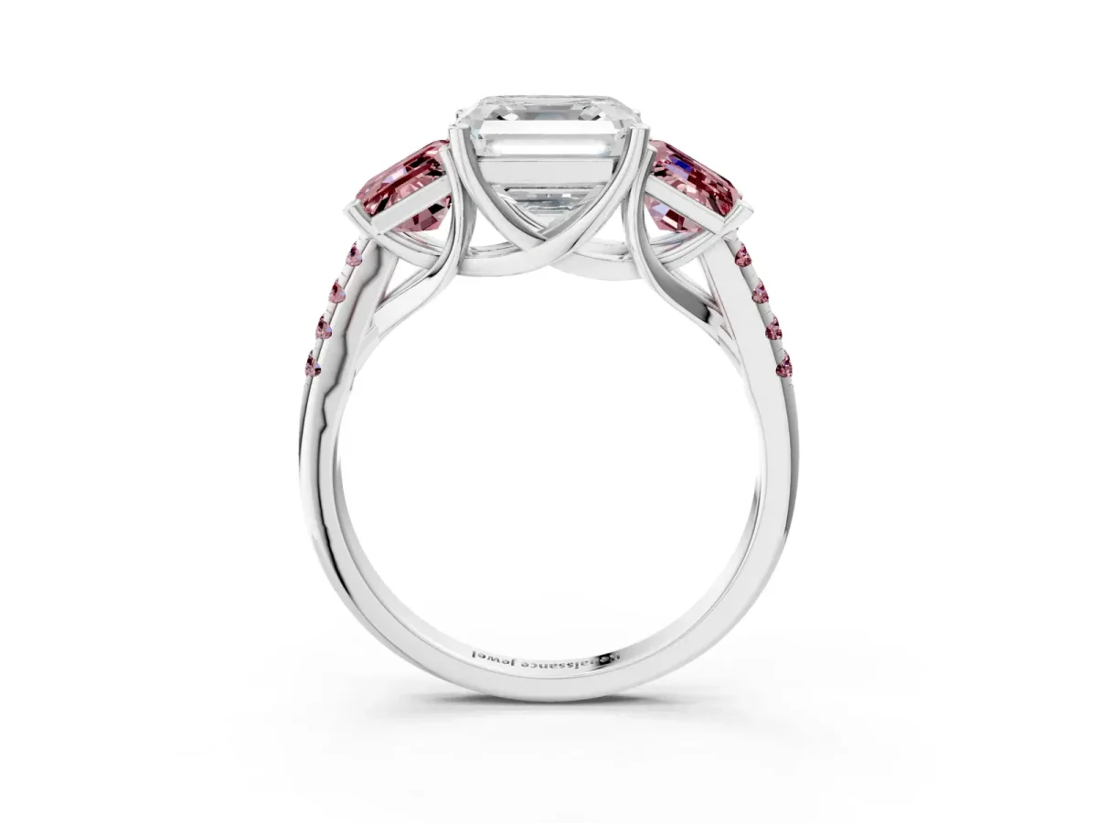 Three-Stone Asscher Cut Diamond Ring with Round Morganite Pavé Band and Prong Setting Silver