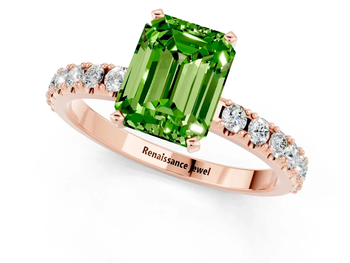 Emerald Cut Peridot Solitaire Pavé Band with Four-Prong Setting Rose gold