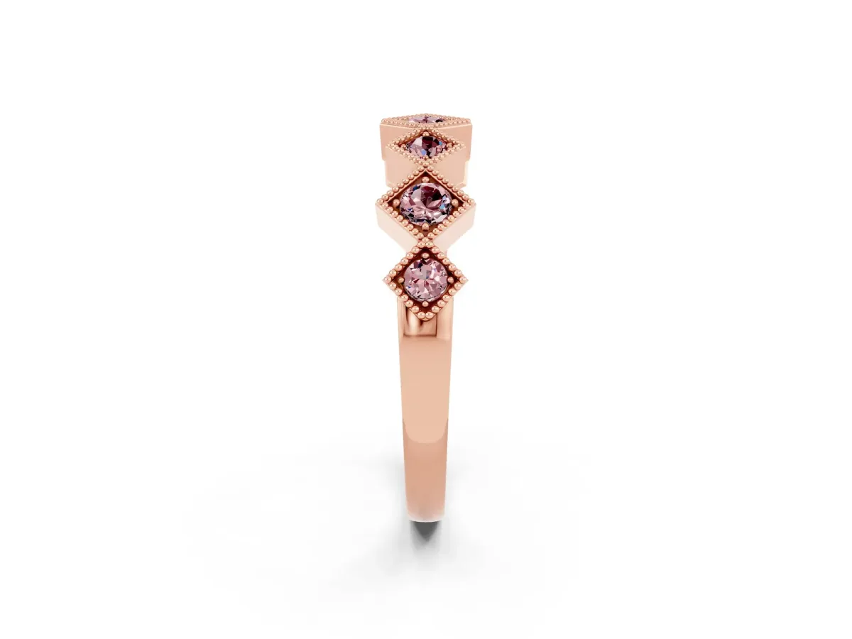 Milgrain Square Bezel Round Morganite Chevron Band Rose gold