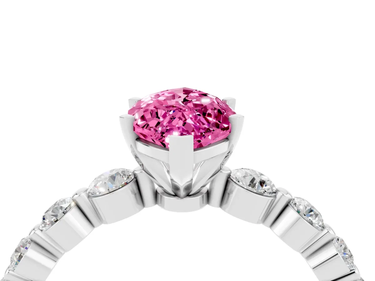 Marquise Cut Solitaire Pink Sapphire Ring with Pave Band and Four-Prong Setting Silver