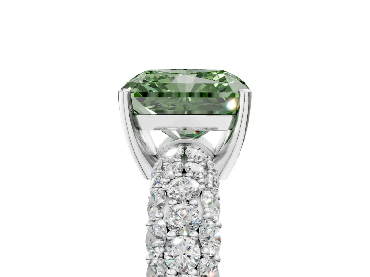 Fancy Green Radiant Cut Diamond Pavé Band Solitaire Ring with Four-Prong Setting Platinum