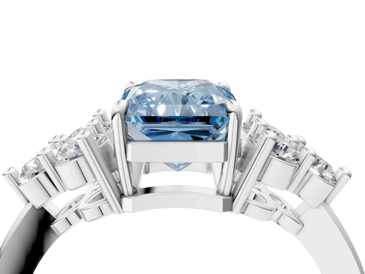 Fancy Blue Radiant Cut Brilliant Diamond Cluster Accent Solitaire Ring with Prong Setting Platinum
