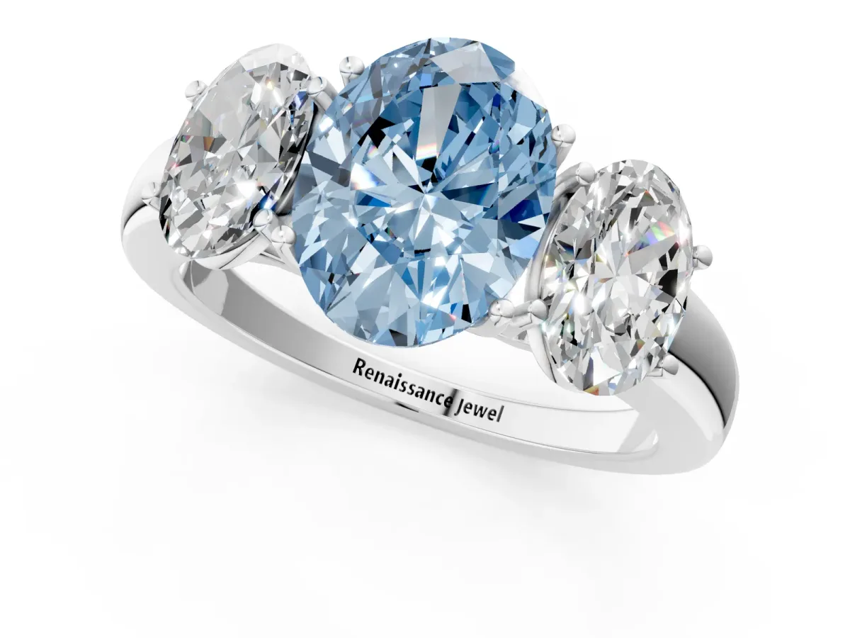Fancy Blue Oval Cut Diamond Three-Stone Ring with Four-Prong Setting and Classic Band White gold