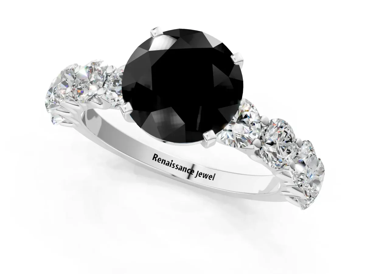 Fancy Black Round Cut Diamond Prong Setting with Side Stones on a Pave Band Platinum