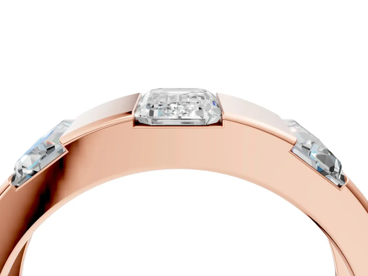 Emerald Cut Diamond Three-Stone Mens Ring with Baguette Side Stones Rose gold