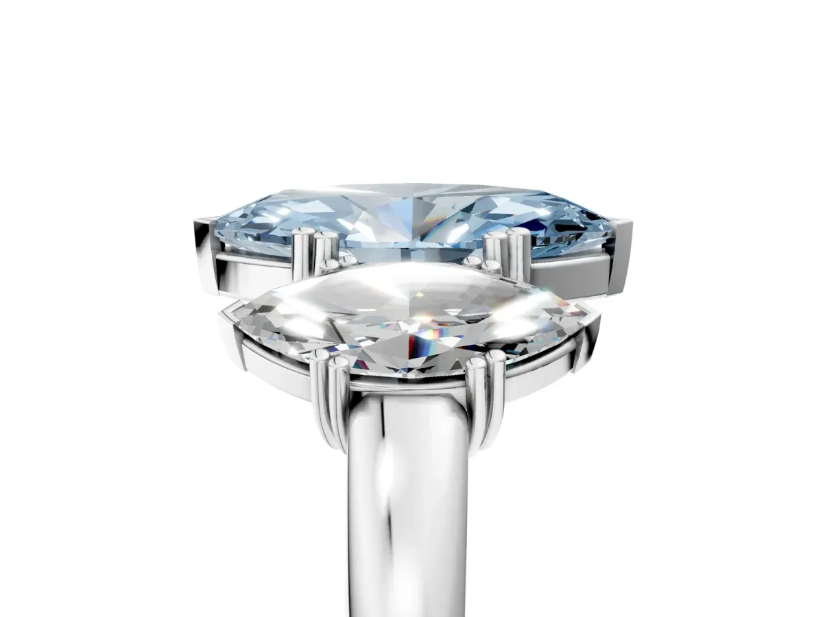 Fancy Blue Three-Stone Marquise Cut Cut Diamond Ring with Channel Set Band and Four-Prong Setting Platinum
