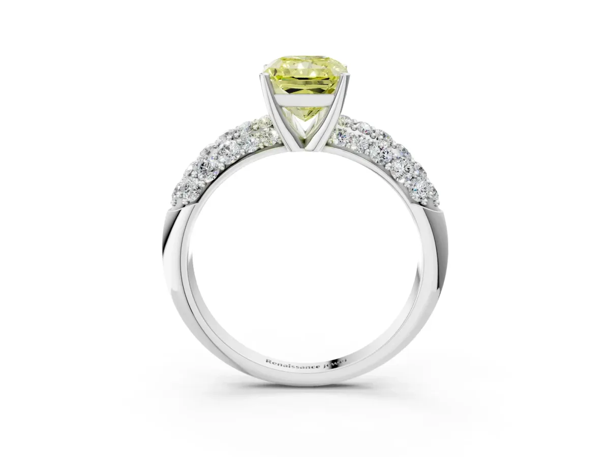 Fancy Yellow Radiant Cut Diamond Pavé Band Solitaire Ring with Four-Prong Setting Platinum