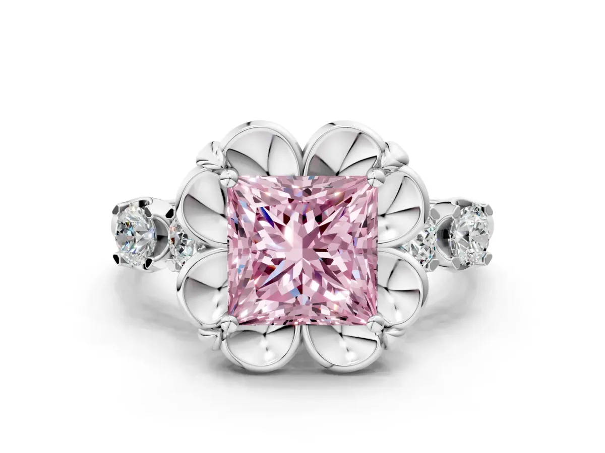 Fancy Pink Princess Cut Cut Diamond Floral Halo Engagement Ring with Shared Prong Setting Silver
