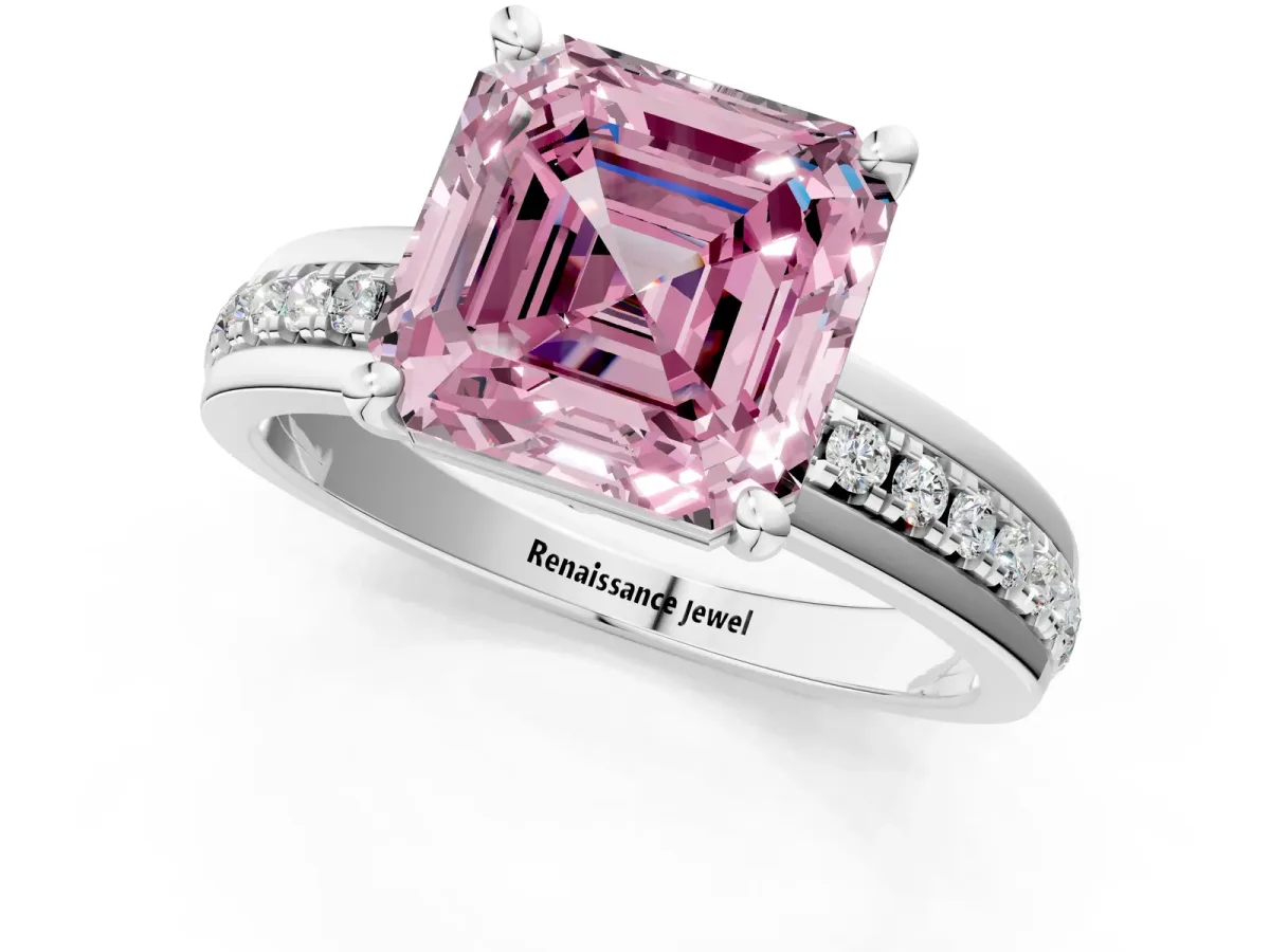 Fancy Pink Asscher Cut Solitaire Diamond Ring with Channel Set Band and Six-Prong Setting Platinum