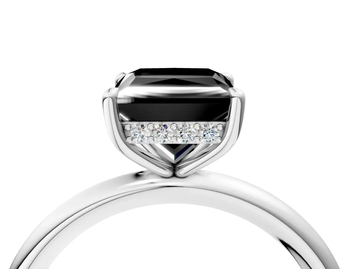 Fancy Black Princess Cut Diamond Solitaire Ring with Thin Band and Four-Prong Setting White gold
