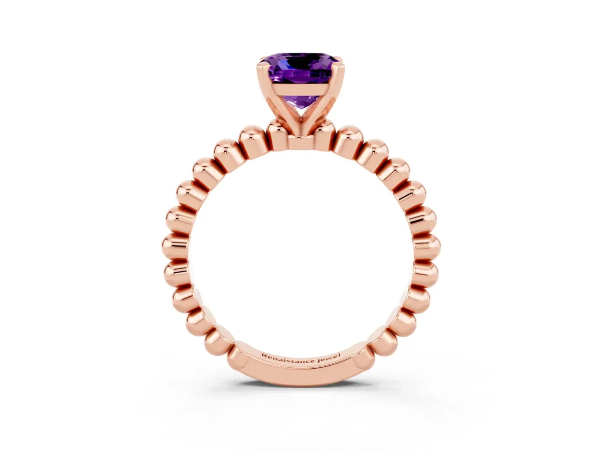 Cushion Cut Amethyst Solitaire Ring with Beaded Band and Prong Setting Rose gold