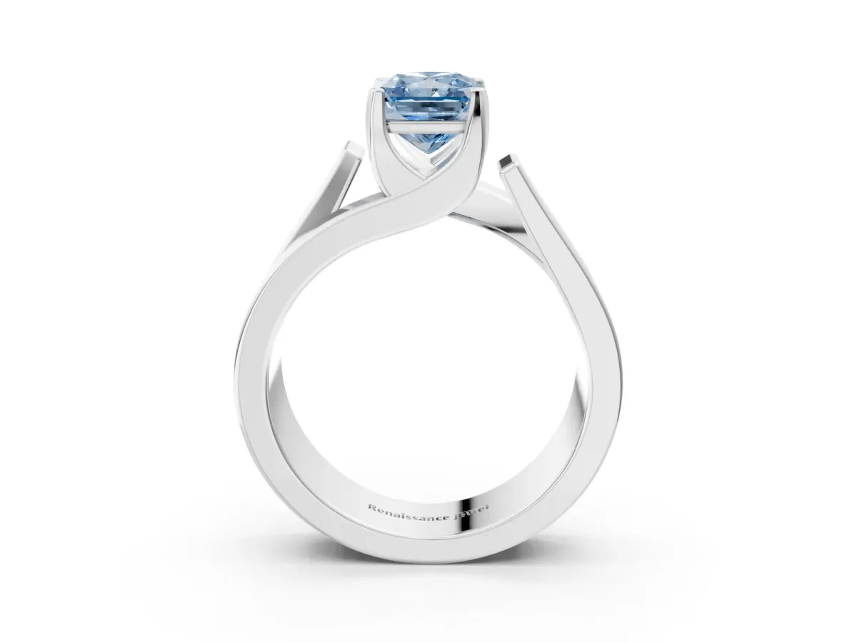 Fancy Blue Modern Tension Set Radiant Cut Diamond Solitaire Wide Band Ring Silver
