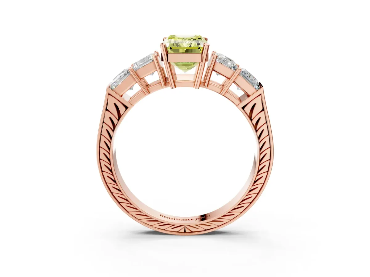 Fancy Yellow Emerald Cut Solitaire Princess Side Stone Engraved Band Prong Setting Ring Rose gold
