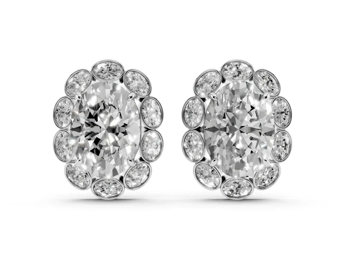 Oval Diamond Halo Stud Earrings with Oval Diamond Accents Platinum