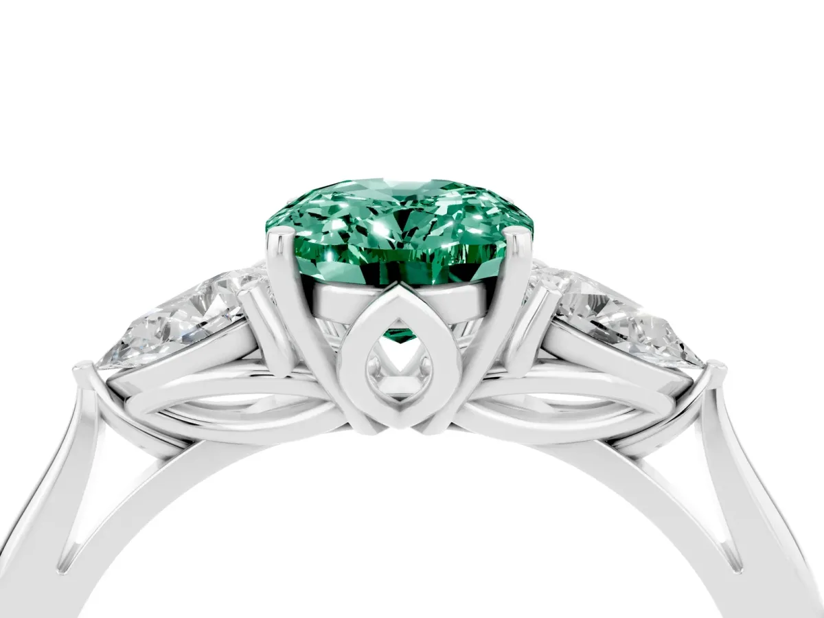 Three-Stone Oval Cut Green Sapphire Ring with Pear Side Stones in Four-Prong Setting White gold