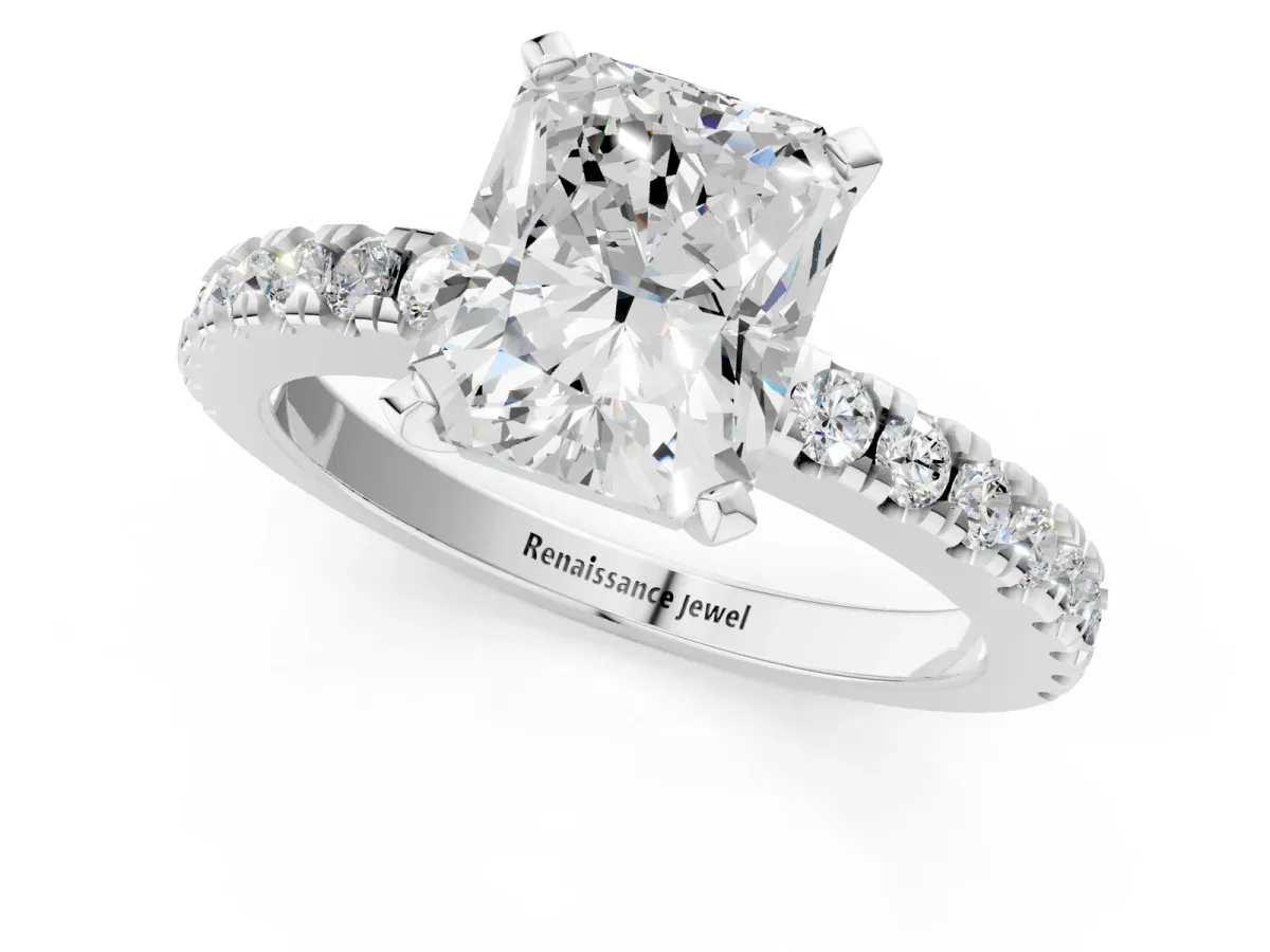 Radiant Cut Solitaire Diamond with Pavé Band and Four-Prong Setting Silver