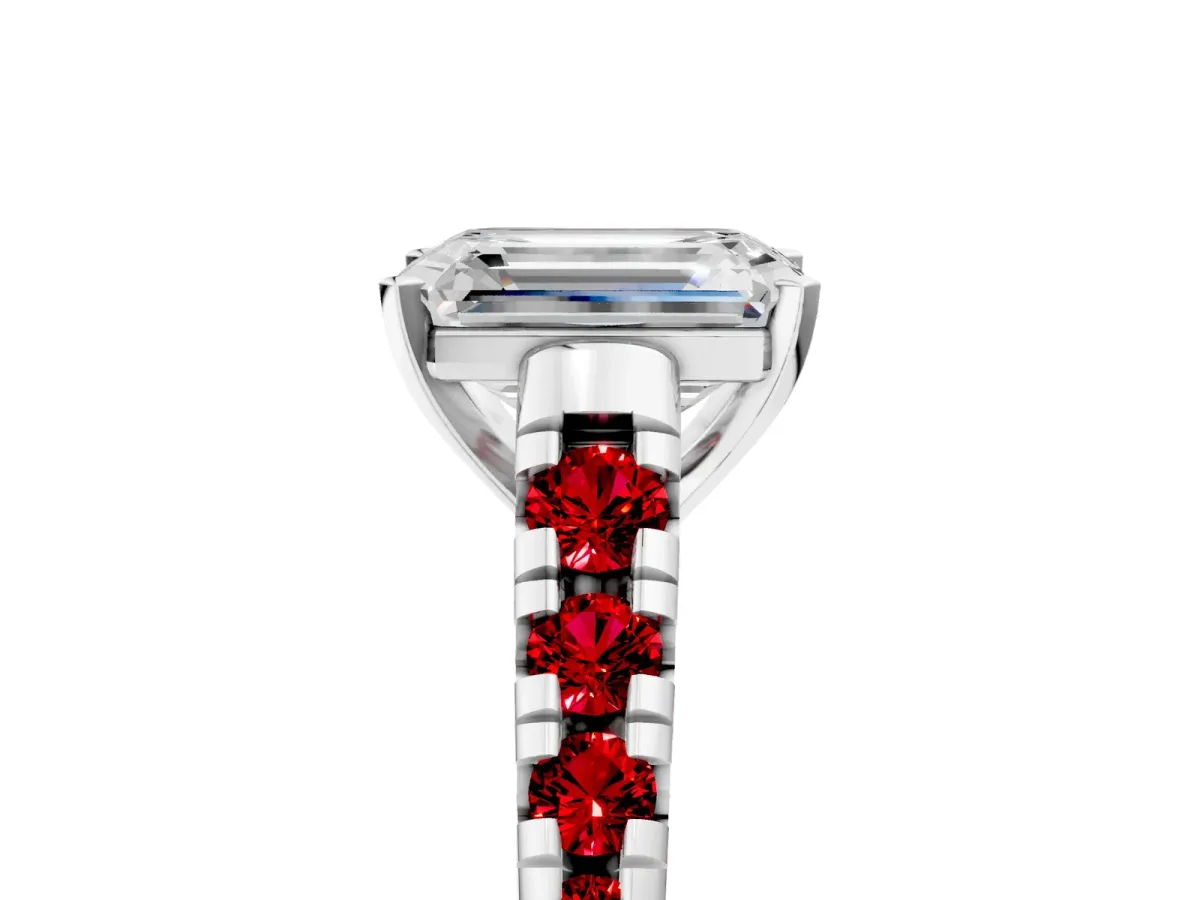 Emerald Cut Diamond Cathedral Solitaire Ring with Round Ruby Pavé Band Platinum