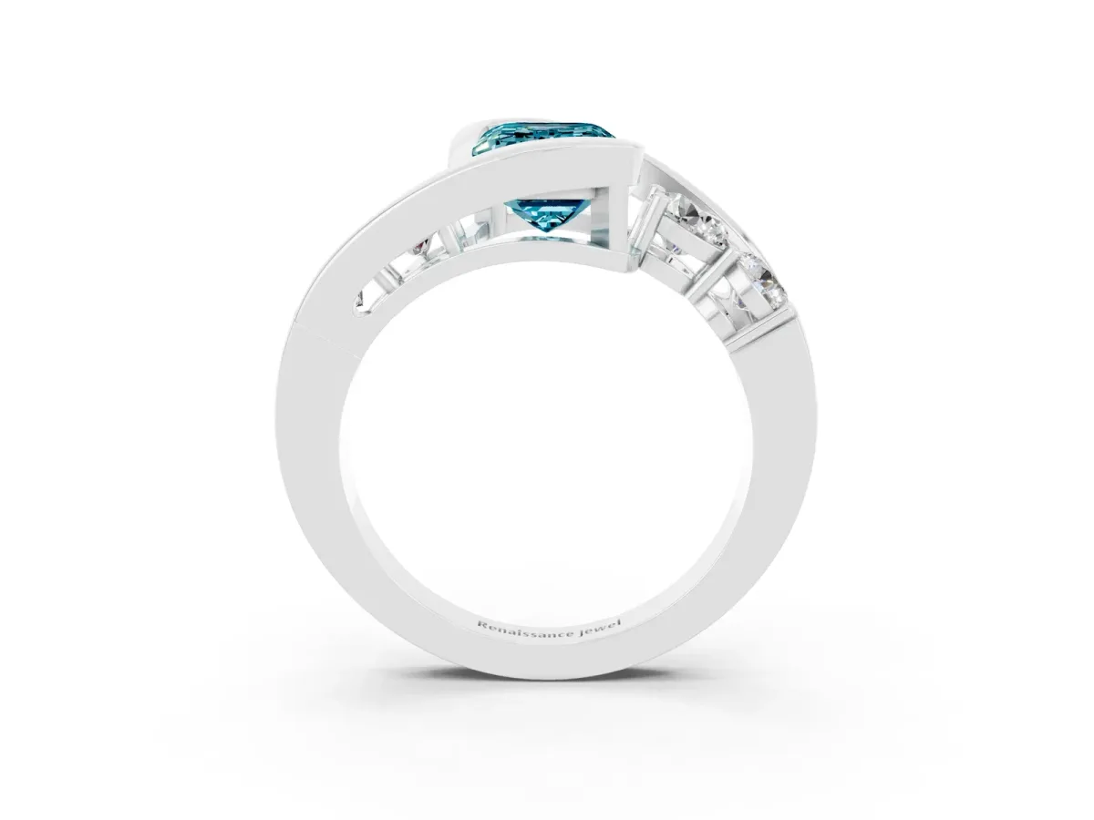 Bezel Set Emerald Cut Blue Topaz Bypass Ring with Round Accents Silver