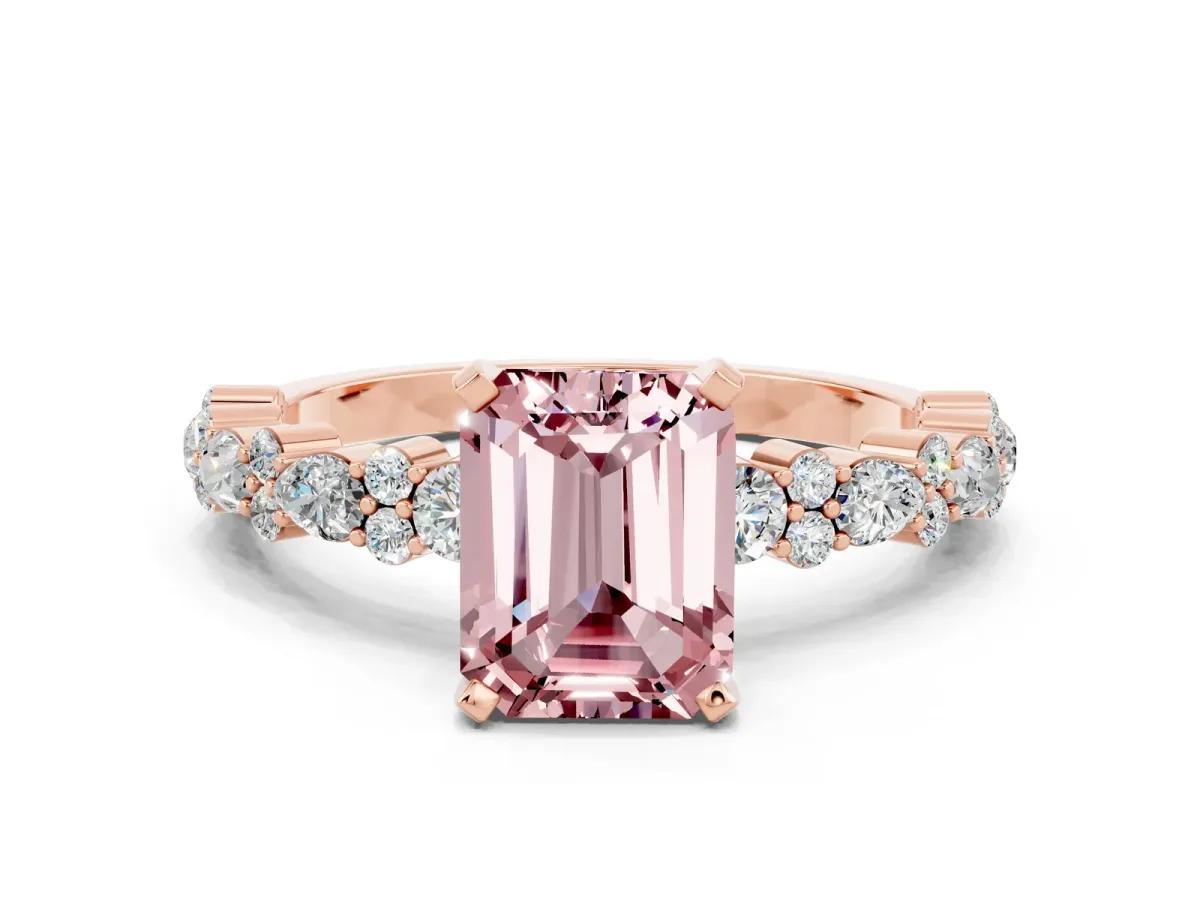 Emerald Cut Morganite Side Stone Solitaire Ring with Round and Four-Prong Setting Rose gold