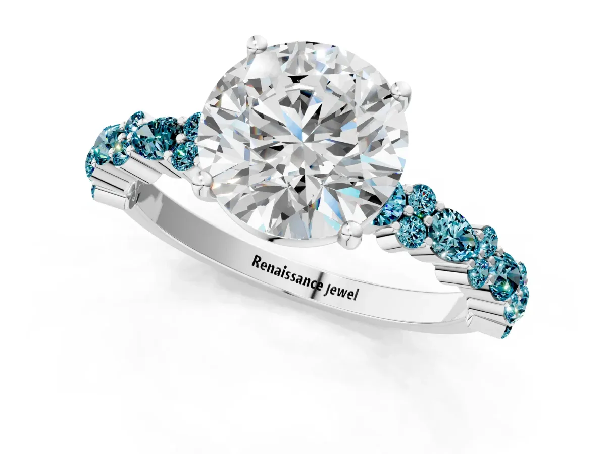 Round Cut Diamond Side Stone Solitaire Ring with Round Blue Topaz and Four-Prong Setting Silver