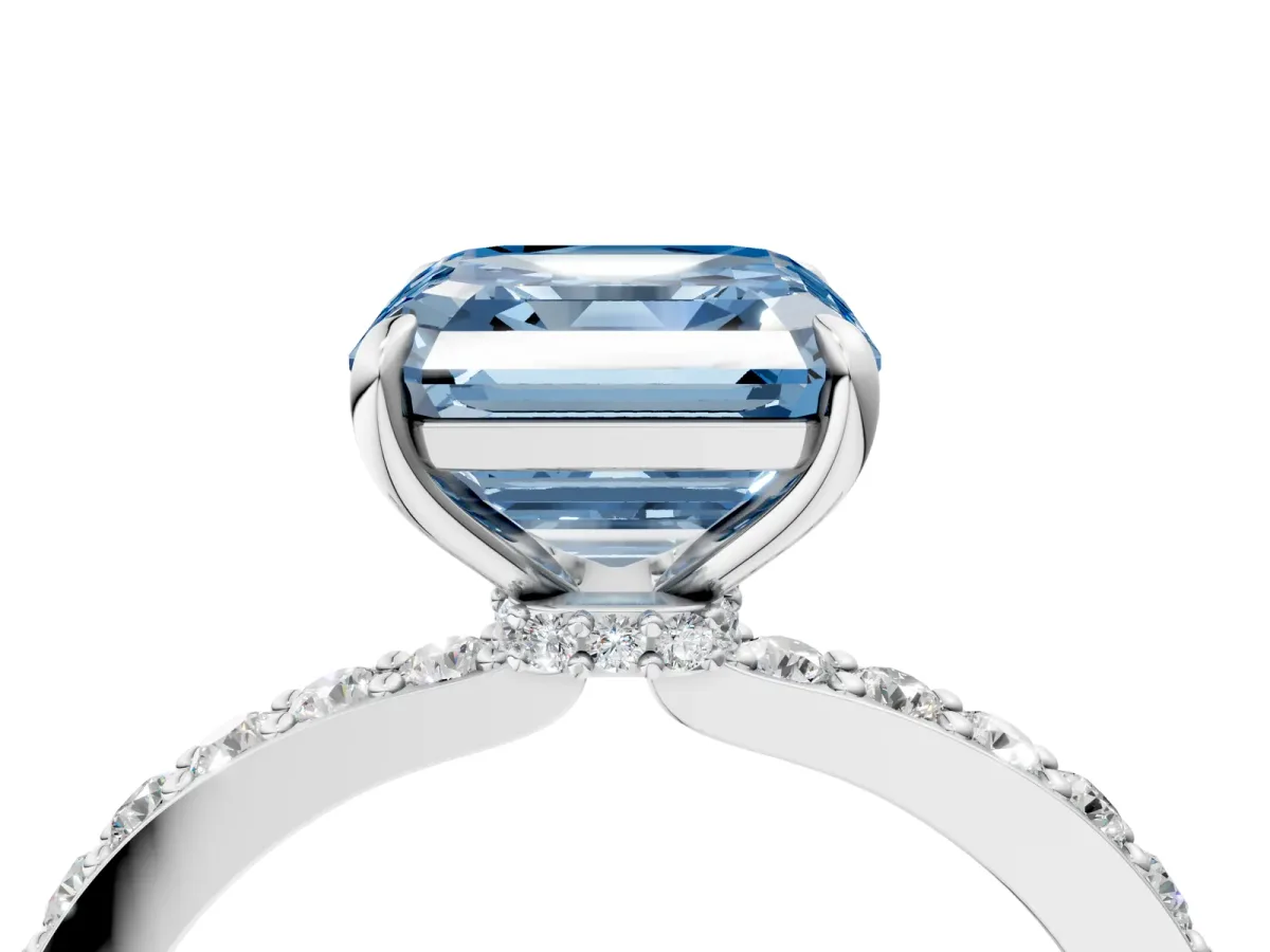 Fancy Blue Asscher Cut Diamond Solitaire Engagement Ring with Pavé Band and Four-Prong Setting Silver