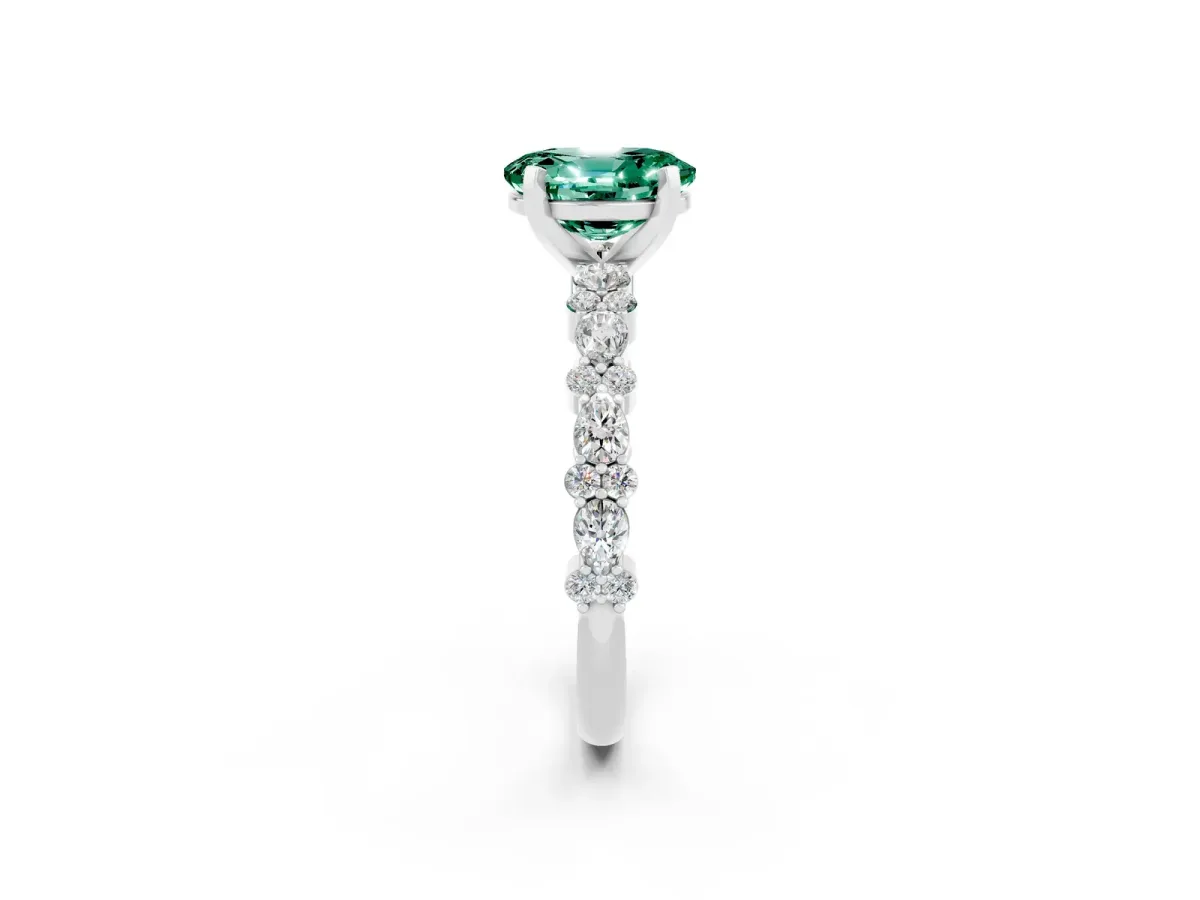 Oval Cut Green Sapphire Side Stone Solitaire Ring with Round and Four-Prong Setting White gold