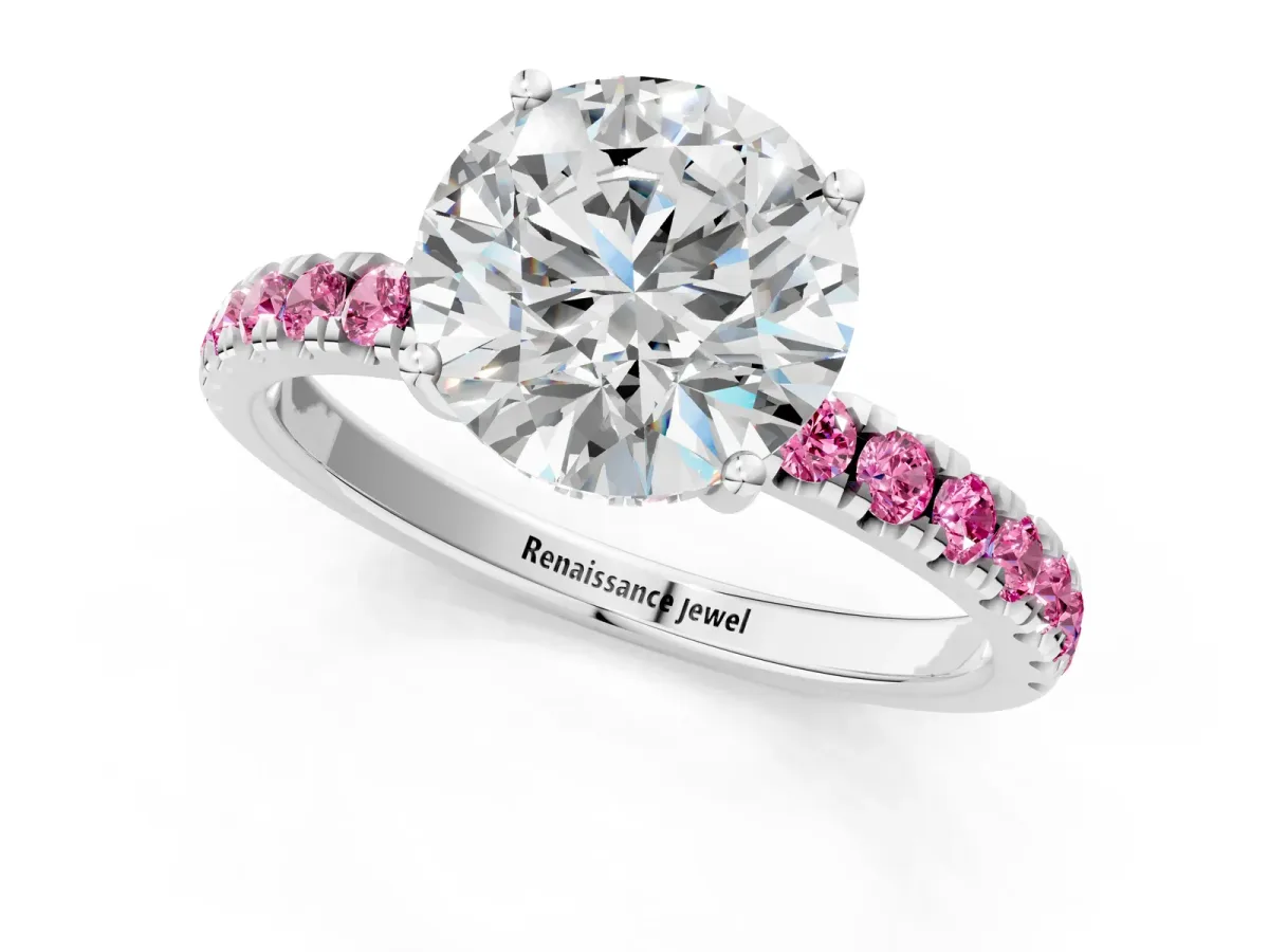 Round Cut Diamond Pave Band Solitaire Ring with Round Tanzanite and Prong Setting Platinum