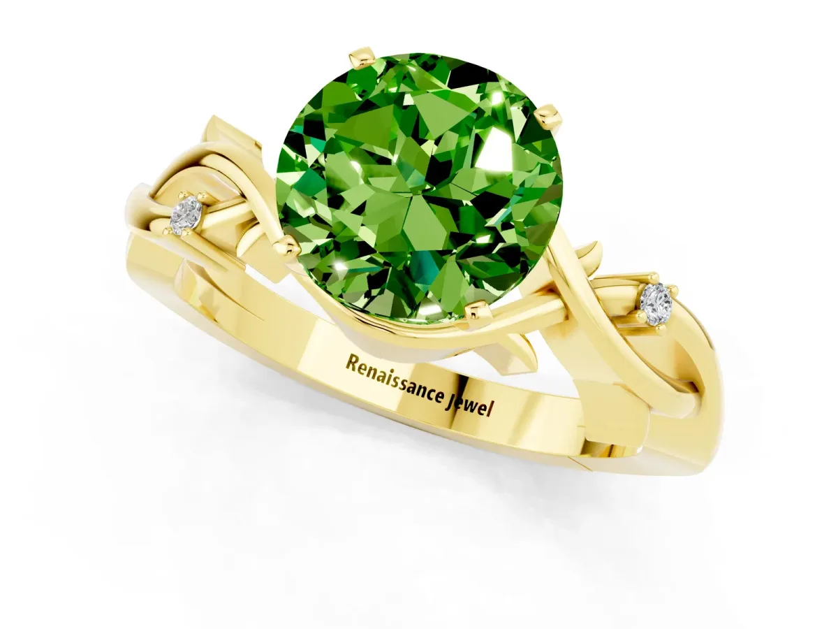 Round Cut Peridot Solitaire Ring with Twisted Band and Prong Setting Yellow gold