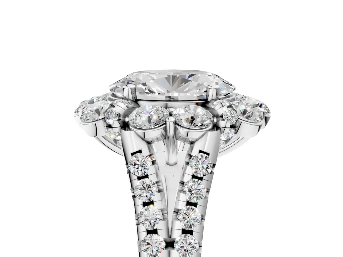 Oval Cut Halo Split Shank Diamond Engagement Ring with Pave Band and Four-Prong Setting Silver