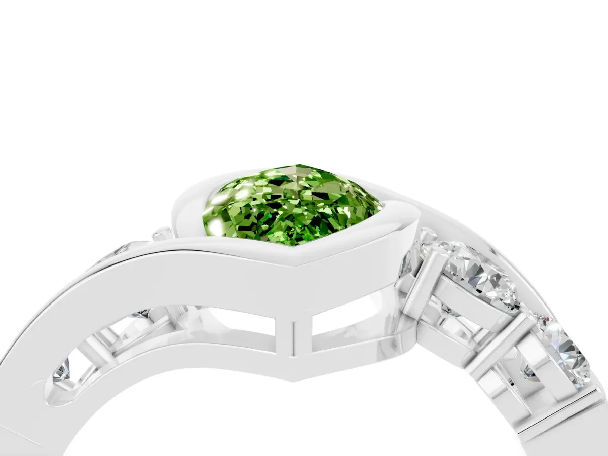 Bezel Set Marquise Cut Peridot Bypass Ring with Round Accents Platinum
