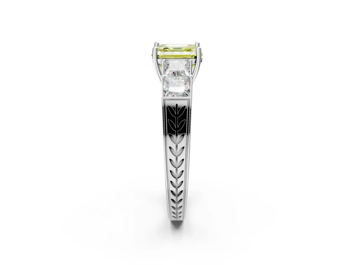 Fancy Yellow Asscher Cut Solitaire Princess Side Stone Engraved Band Prong Setting Ring Platinum