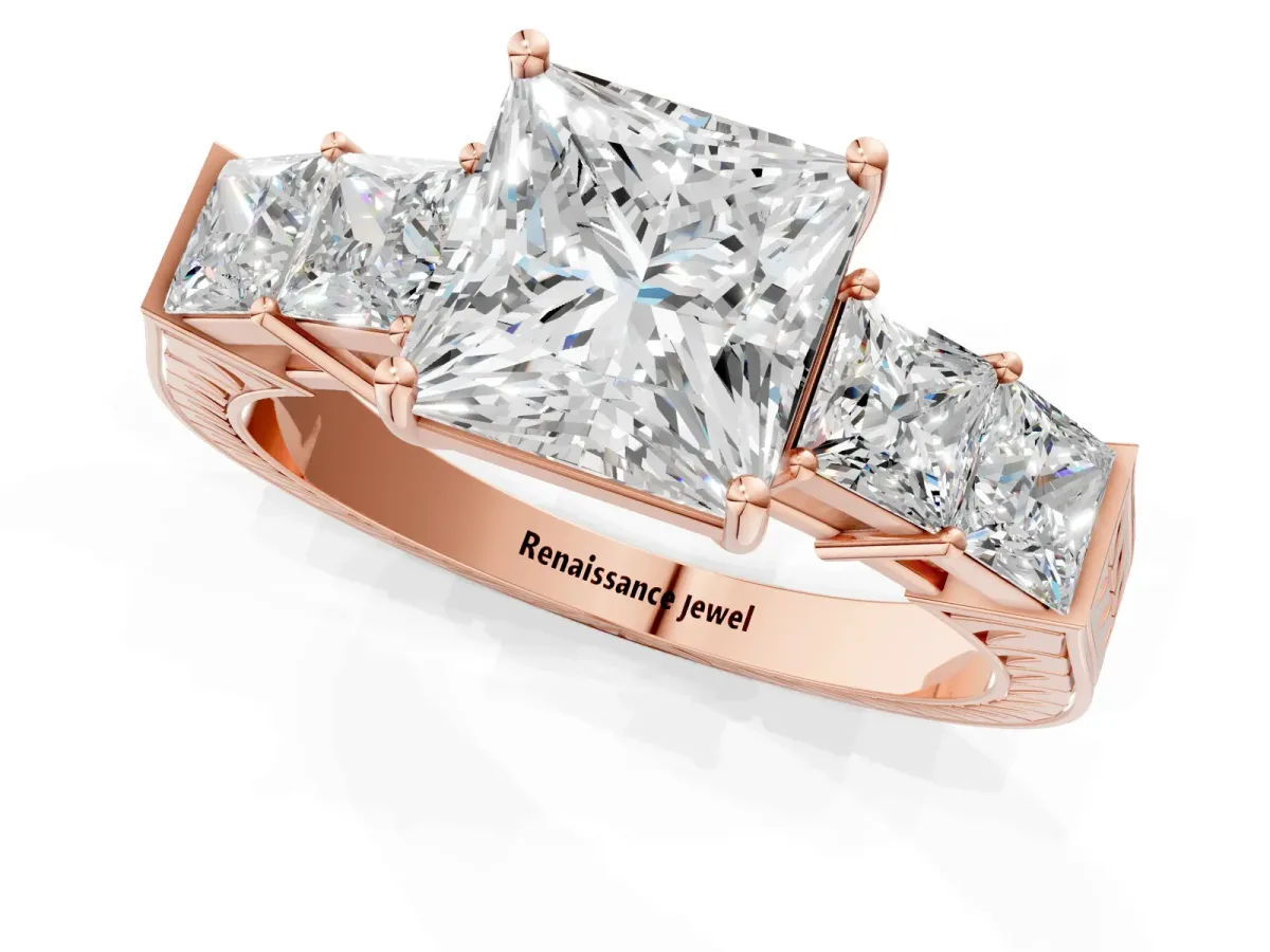 Princess Cut Solitaire Princess Side Stone Engraved Band Prong Setting Ring Rose gold
