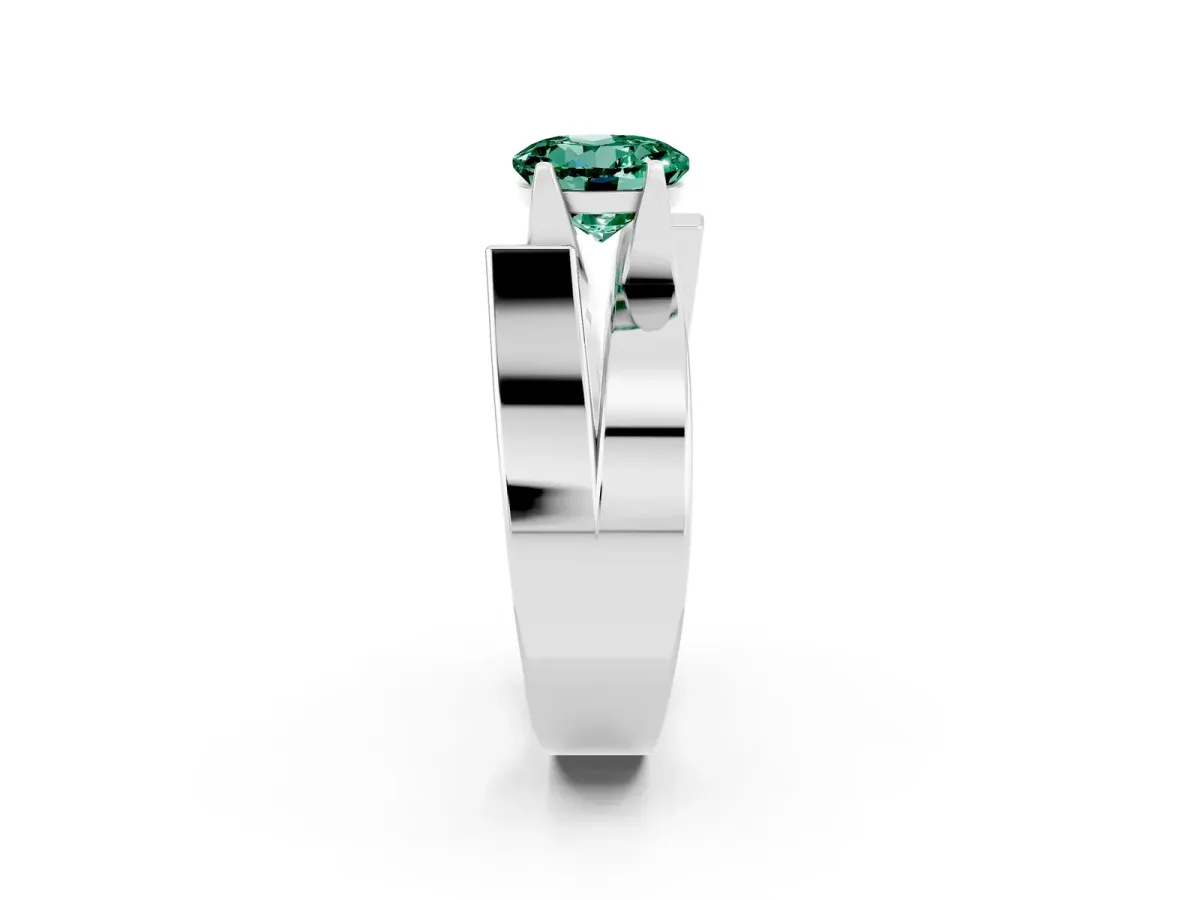 Modern Tension Set Round Cut Green Sapphire Solitaire Wide Band Ring Silver