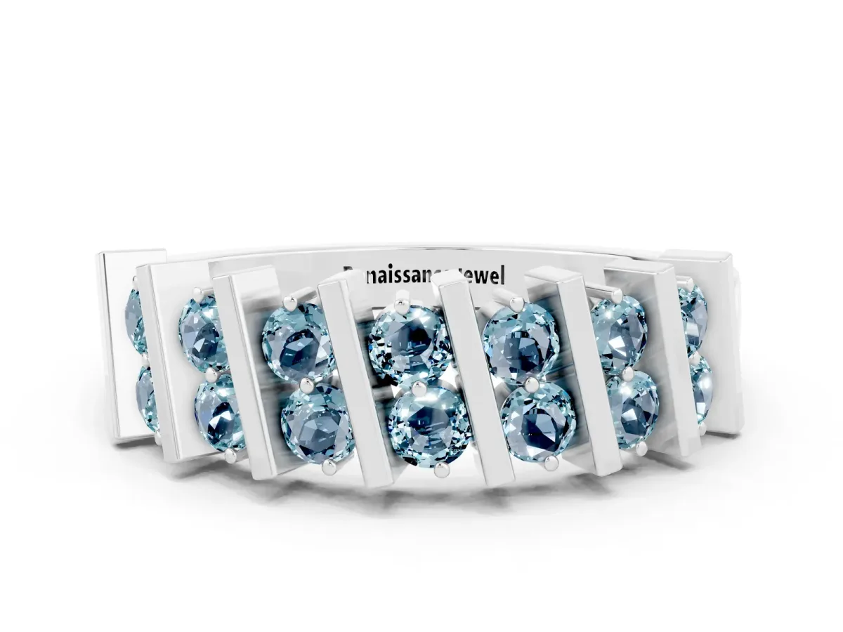 Channel Set Round Aquamarine Anniversary Band with Vertical Prongs Silver