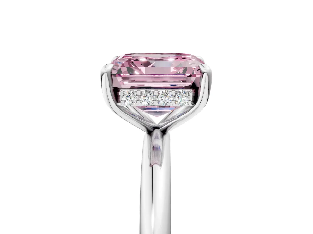 Fancy Pink Asscher Cut Diamond Solitaire Ring with Thin Band and Four-Prong Setting Platinum