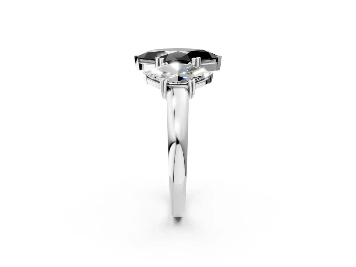 Fancy Black Three-Stone Marquise Cut Cut Diamond Ring with Channel Set Band and Four-Prong Setting Silver