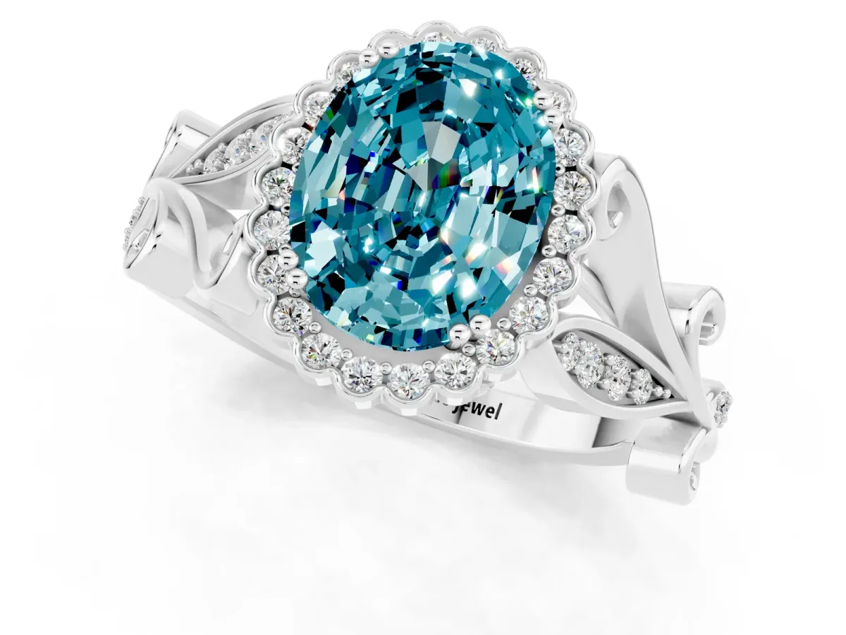 Oval Cut Blue Topaz Halo Ring with Vintage Split Shank and Four-Prong Setting Silver