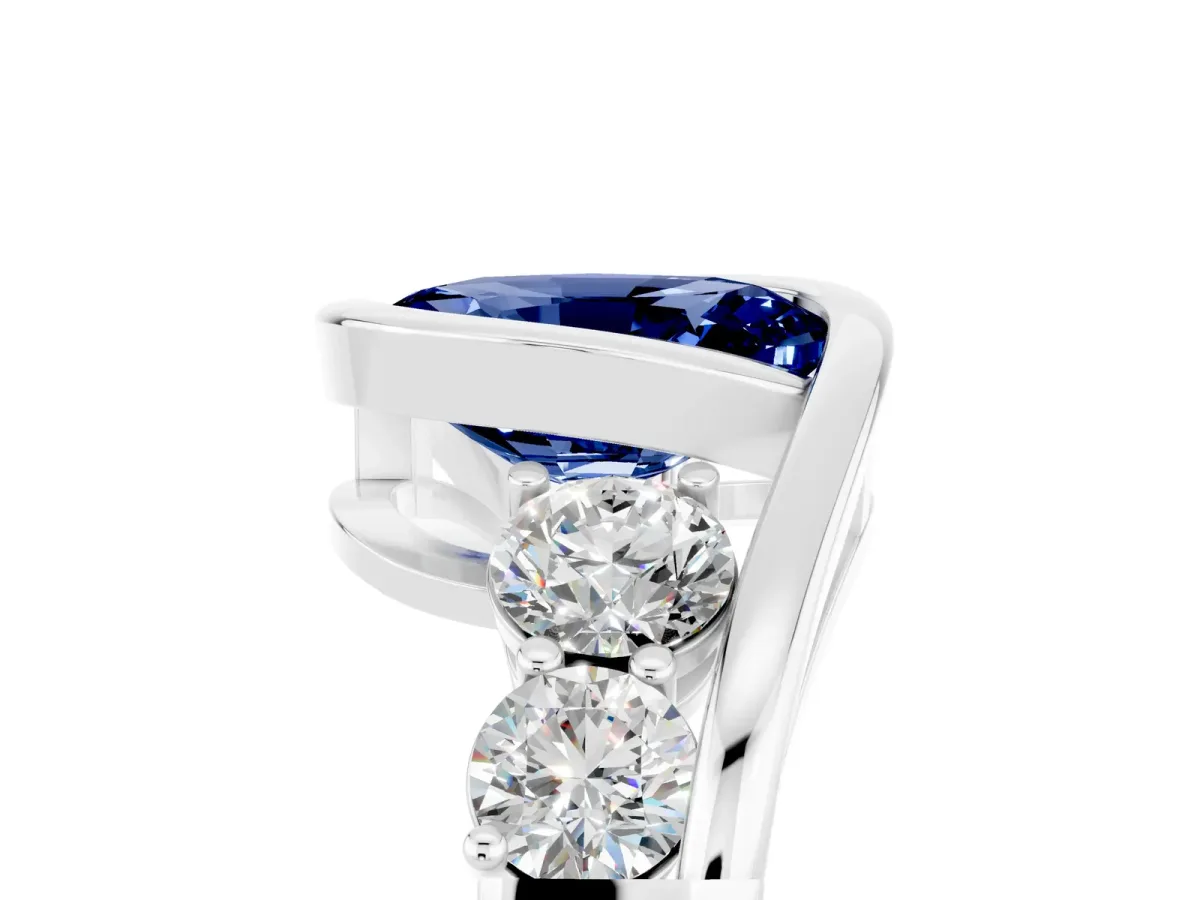 Bezel Set Oval Cut Blue Sapphire Bypass Ring with Round Accents Silver