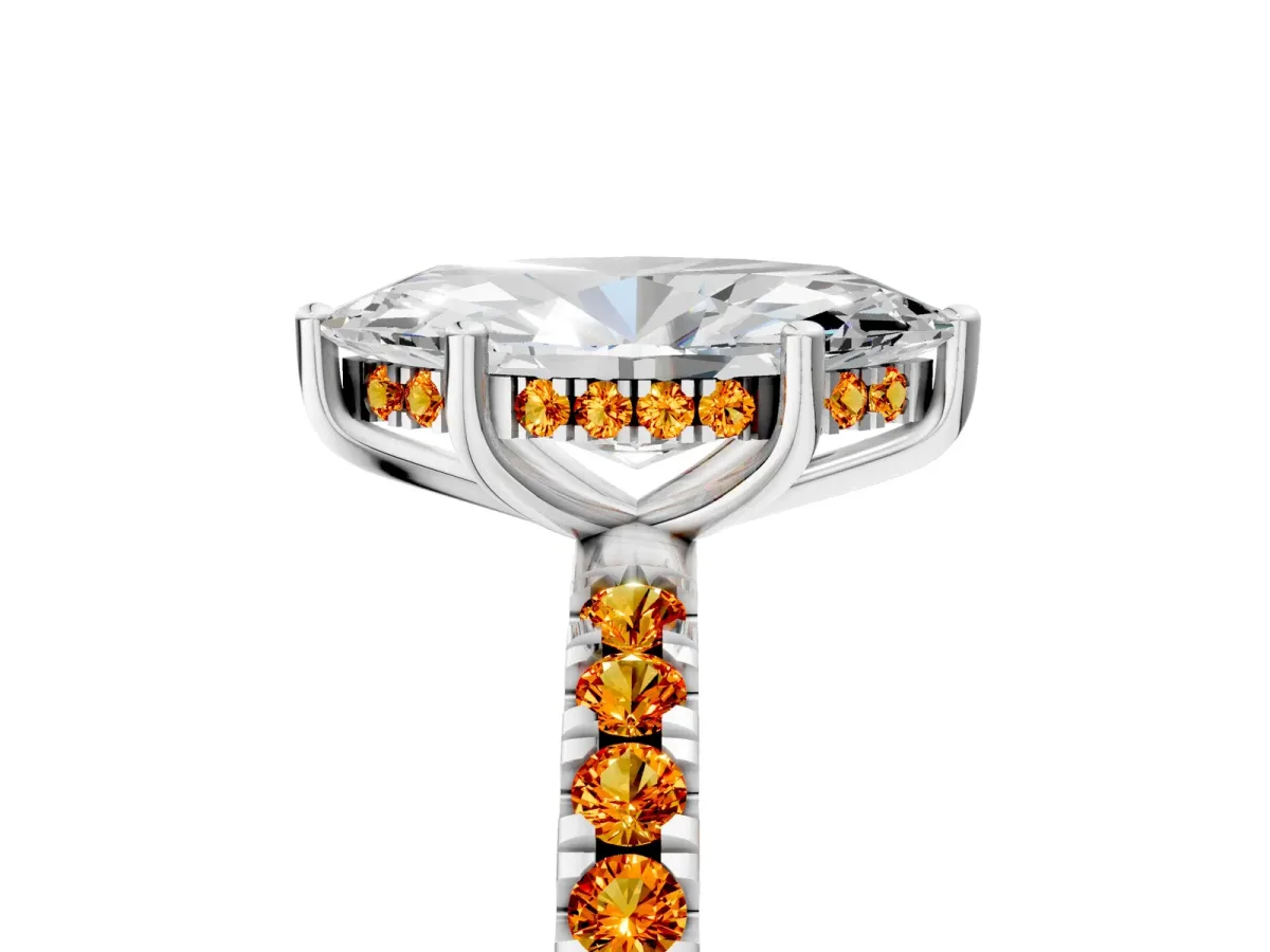 Marquise Cut Diamond Pave Band Solitaire Ring with Round Citrine and Prong Setting Silver