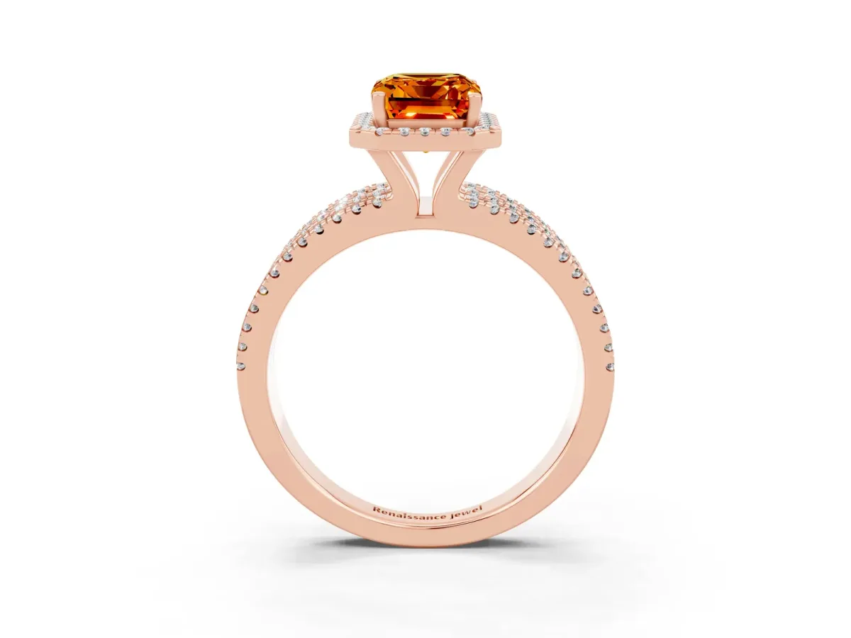 Emerald Cut Citrine Halo Engagement Ring with Split Shank and Four-Prong Setting Rose gold