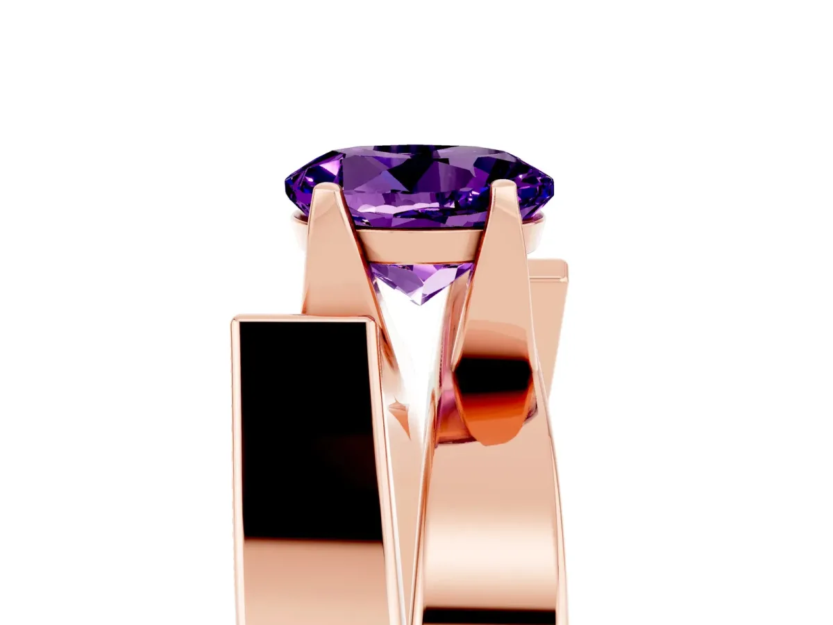 Modern Tension Set Round Cut Amethyst Solitaire Wide Band Ring Rose gold